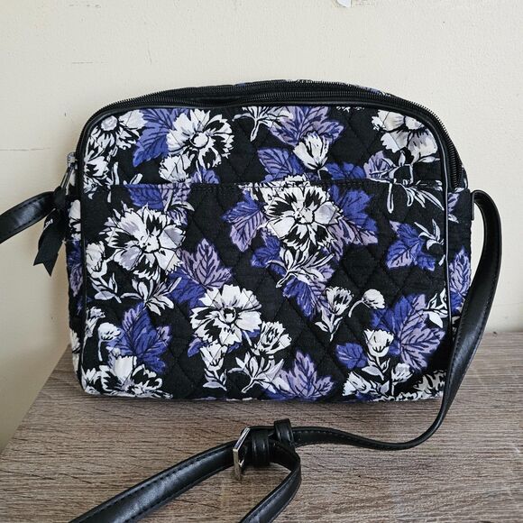 Vera Bradley Quilted Crossbody Bag with Black Lavender Floral Pattern and Faux - Picture 2 of 6